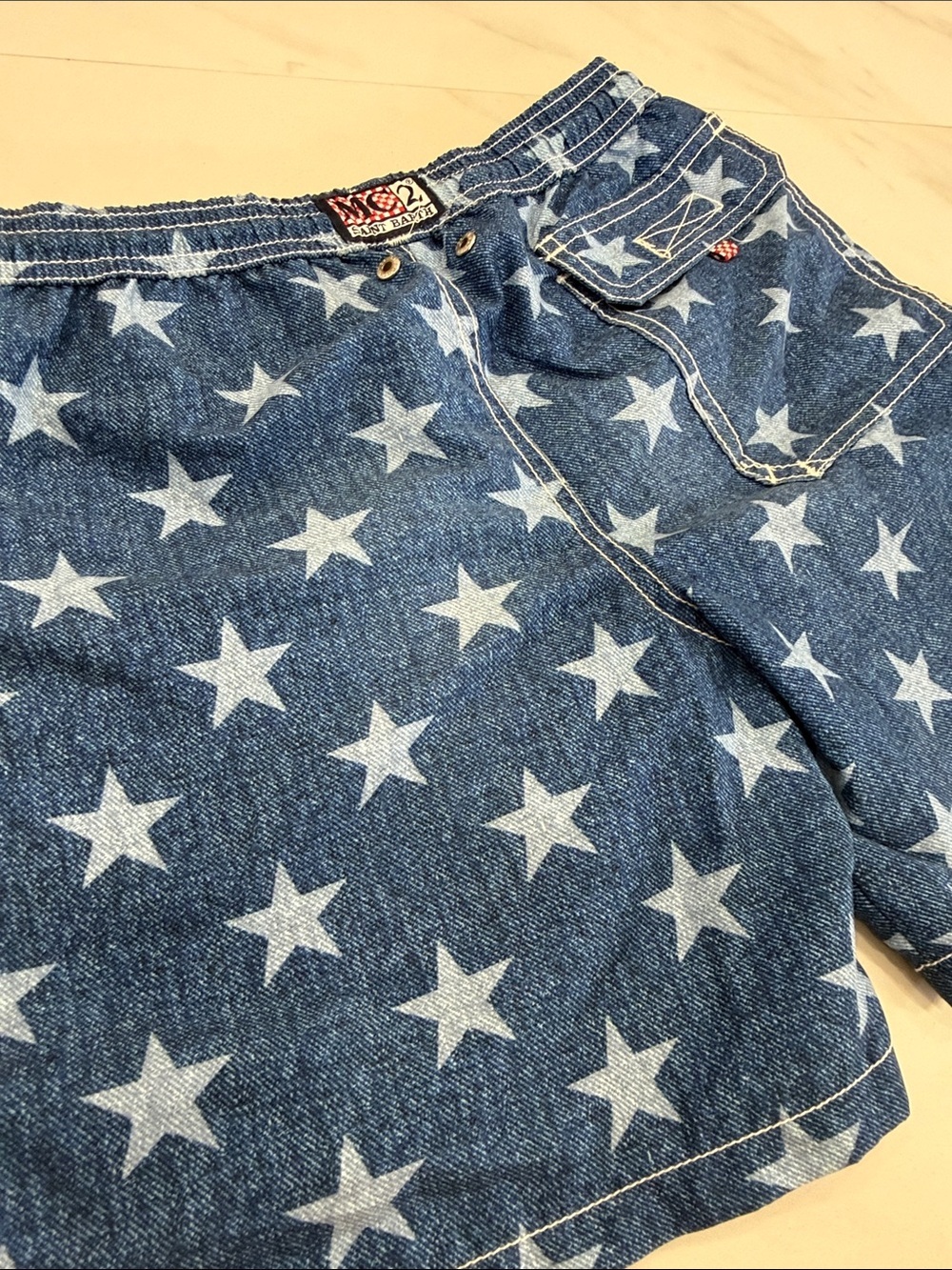 MC2 Saint Barth Navy Star-Print Swim Trunks with Neon Yellow Drawcord - Picture 6 of 6